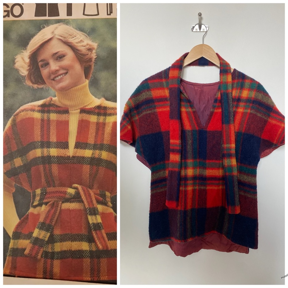 Vintage‎ 1970s Handmade Wool Plaid Pullover Poncho Matching Belt-Small/Child XL